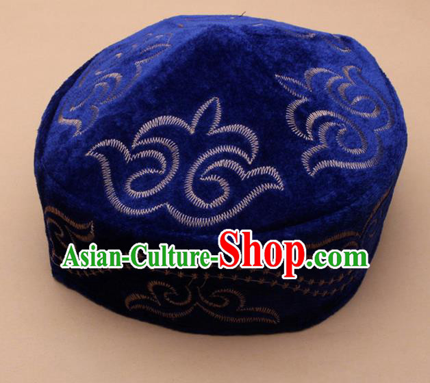 Chinese Traditional Kazak Minority Embroidered Royalblue Velvet Hat Ethnic Xinjiang Stage Show Headwear for Men