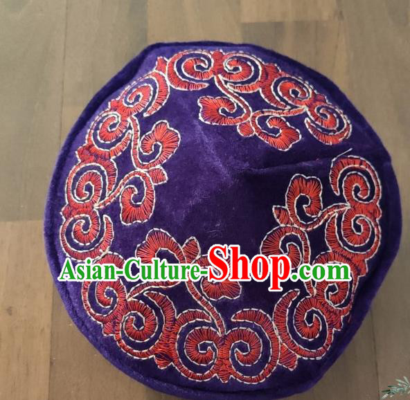 Chinese Traditional Kazak Minority Embroidered Purple Velvet Hat Ethnic Xinjiang Stage Show Headwear for Men