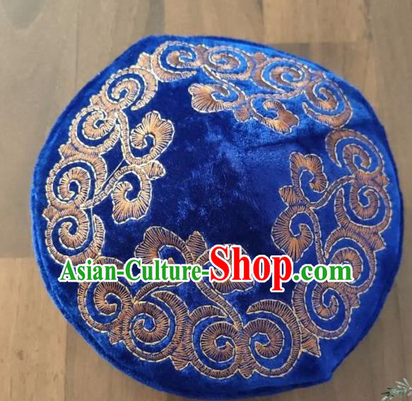 Chinese Traditional Kazak Minority Embroidered Royalblue Velvet Hat Ethnic Xinjiang Stage Show Headwear for Men