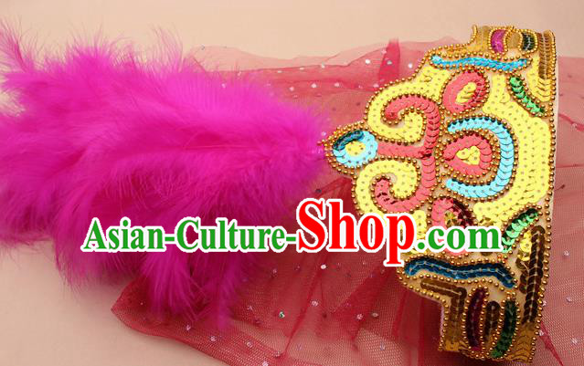 Handmade Chinese Traditional Uyghur Minority Rosy Feather Hat Ethnic Nationality Folk Dance Headwear for Women