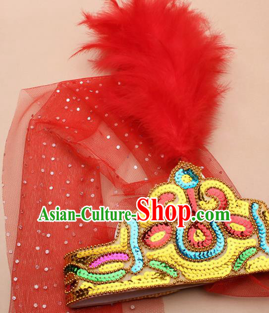 Handmade Chinese Traditional Uyghur Minority Red Feather Hat Ethnic Nationality Folk Dance Headwear for Women