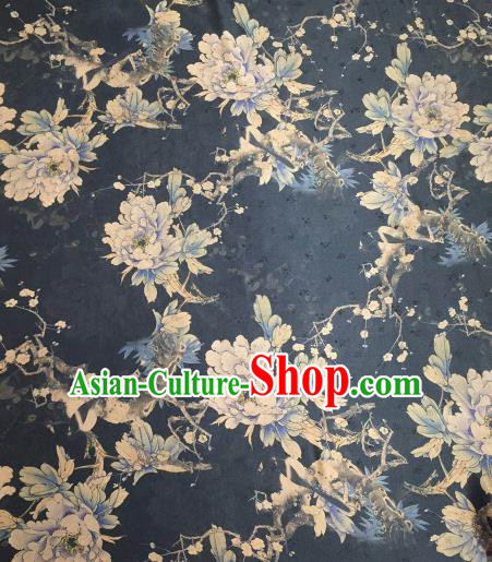 Asian Chinese Traditional Peony Pattern Design Navy Gambiered Guangdong Gauze Fabric Silk Material