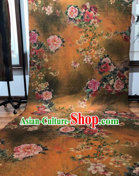 Asian Chinese Traditional Peony Pattern Design Ginger Gambiered Guangdong Gauze Fabric Silk Material