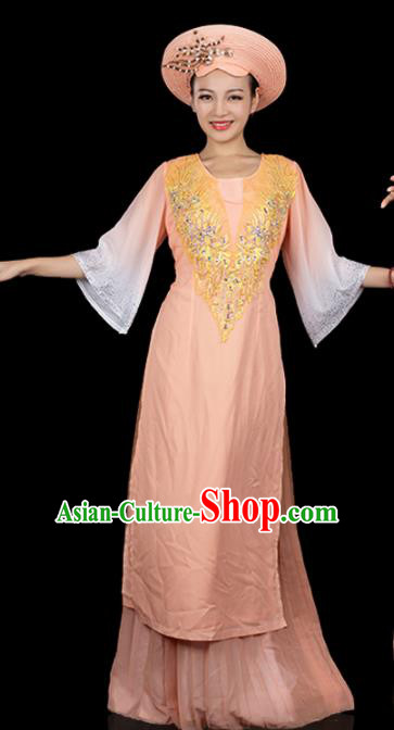 Traditional Chinese Jing Nationality Apricot Dress Ethnic Ha Festival Folk Dance Stage Show Costume for Women