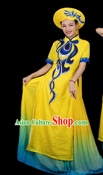 Traditional Chinese Jing Nationality Folk Dance Yellow Dress Ethnic Ha Festival Stage Show Costume for Women