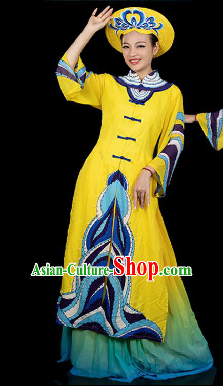 Traditional Chinese Jing Nationality Front Opening Yellow Dress Ethnic Ha Festival Folk Dance Costume for Women