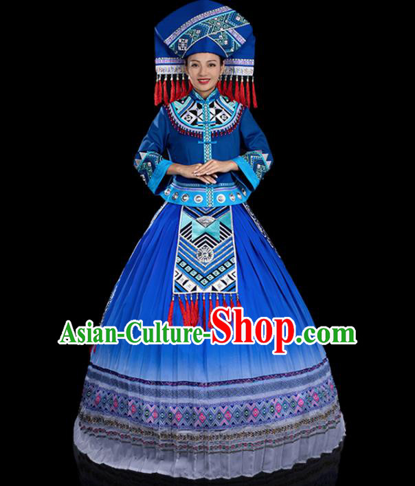 Traditional Chinese Zhuang Nationality Stage Show Deep Blue Dress Ethnic Festival Folk Dance Costume for Women