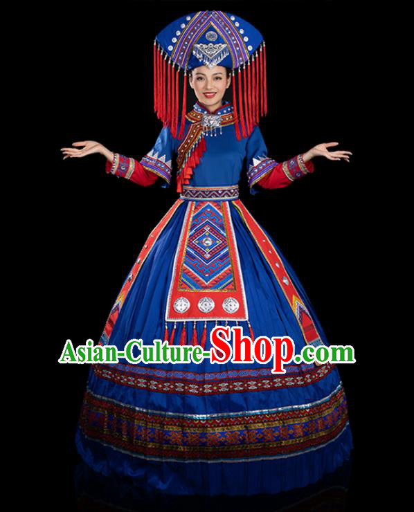 Traditional Chinese Zhuang Nationality Liu Sanjie Stage Show Blue Dress Ethnic Festival Folk Dance Costume for Women