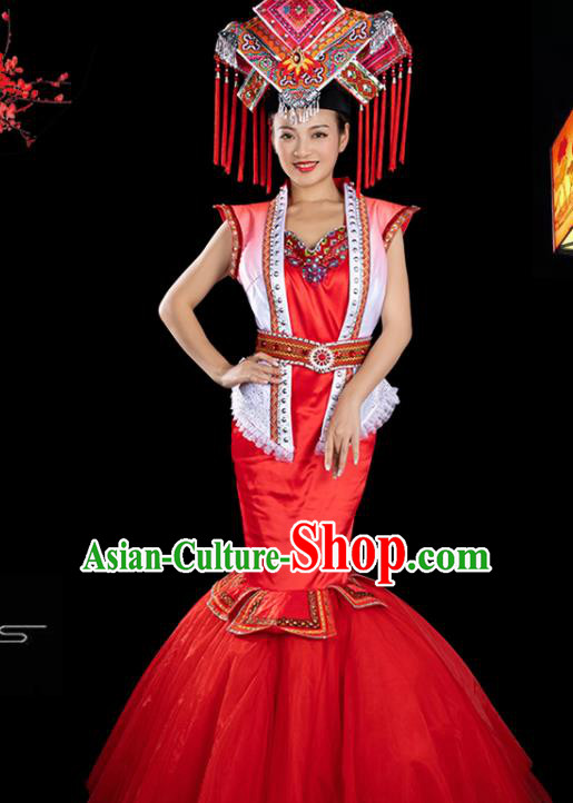 Traditional Chinese Zhuang Nationality Folk Dance Liu Sanjie Red Dress Ethnic Stage Show Costume for Women