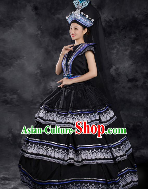 Chinese Traditional Zhuang Nationality Liu Sanjie Black Dress Ethnic Folk Dance Stage Show Costume for Women