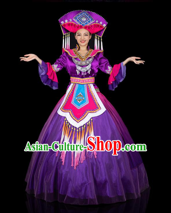 Chinese Traditional Zhuang Nationality Deep Purple Dress Ethnic Folk Dance Stage Show Liu Sanjie Costume for Women