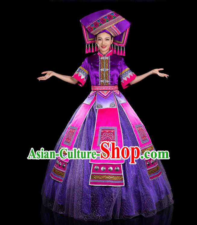 Chinese Traditional Zhuang Nationality Big Swing Purple Dress Ethnic Folk Dance Stage Show Liu Sanjie Costume for Women