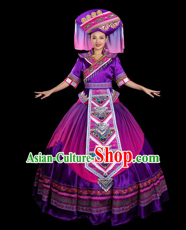 Chinese Traditional Zhuang Nationality Purple Bubble Dress Ethnic Folk Dance Stage Show Liu Sanjie Costume for Women