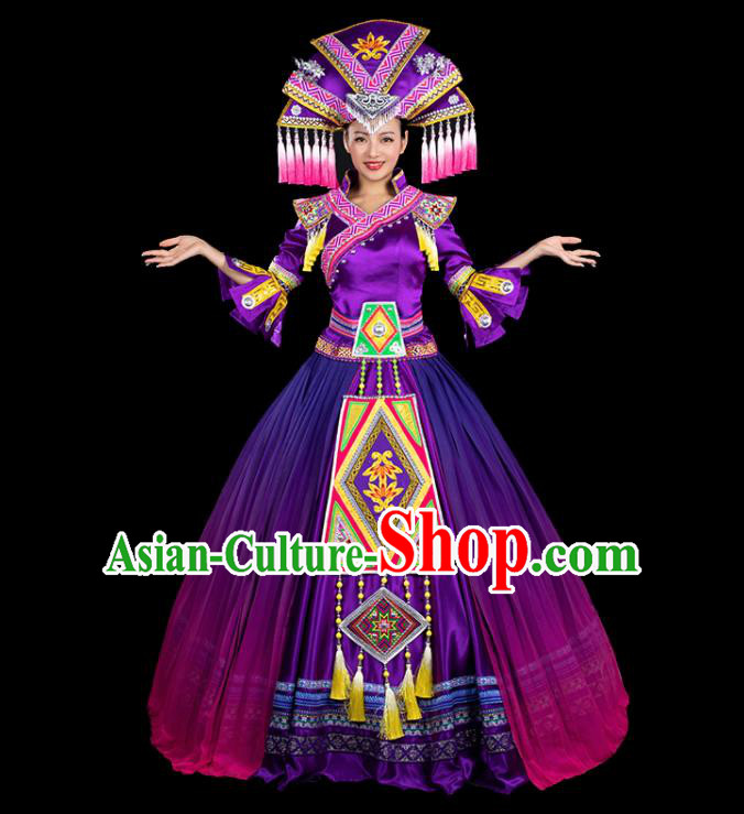 Chinese Traditional Zhuang Nationality Mandarin Sleeve Deep Purple Dress Ethnic Folk Dance Stage Show Liu Sanjie Costume for Women