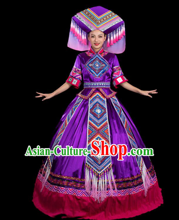 Chinese Traditional Zhuang Nationality Mid Sleeve Deep Purple Dress Ethnic Folk Dance Stage Show Liu Sanjie Costume for Women