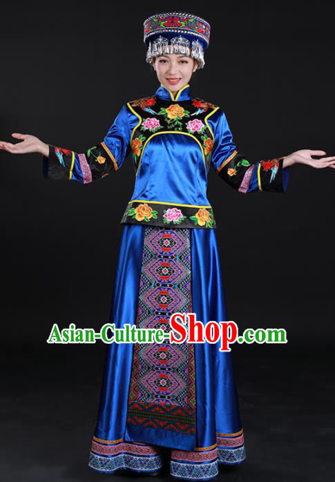 Chinese Traditional Yao Nationality Royalblue Dress Ethnic Folk Dance Stage Show Costume for Women