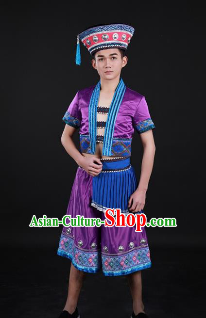 Chinese Traditional Yao Nationality Purple Outfits Ethnic Minority Folk Dance Stage Show Costume for Men