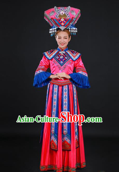 Chinese Traditional Zhuang Nationality Rosy Dress Ethnic Folk Dance Stage Show Costume for Women