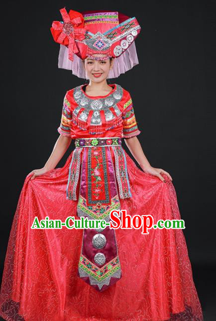 Chinese Traditional Zhuang Nationality Red Dress Ethnic Folk Dance Stage Show Costume for Women