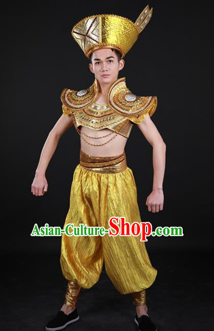 Chinese Traditional Yao Nationality Golden Outfits Ethnic Minority Folk Dance Stage Show Costume for Men