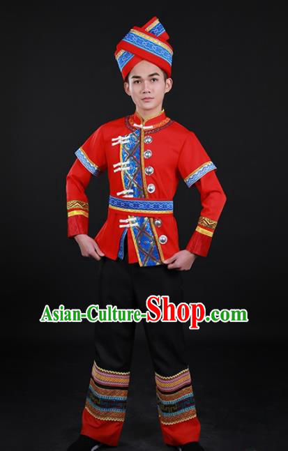 Chinese Traditional Zhuang Nationality Red Outfits Ethnic Minority Folk Dance Stage Show Costume for Men