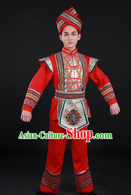 Chinese Traditional Zhuang Nationality Festival Red Outfits Ethnic Minority Folk Dance Stage Show Costume for Men