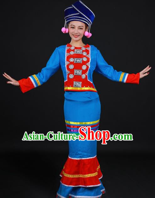 Chinese Traditional Deang Nationality Sky Blue Dress Ethnic Folk Dance Stage Show Costume for Women