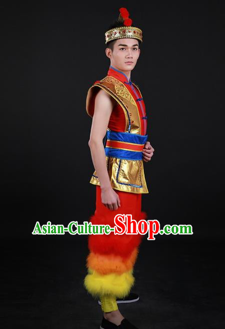 Chinese Traditional Yao Nationality Festival Drum Dance Red Outfits Ethnic Minority Folk Dance Stage Show Costume for Men