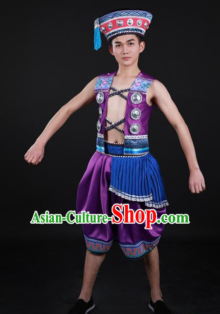 Chinese Traditional Yao Nationality Festival Purple Outfits Ethnic Minority Folk Dance Stage Show Costume for Men