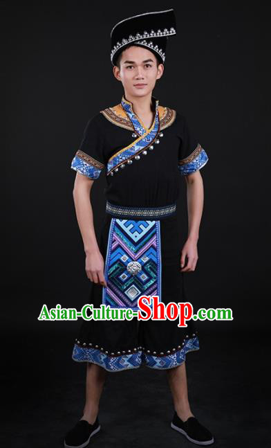 Chinese Traditional Zhuang Nationality Festival Black Outfits Ethnic Minority Folk Dance Stage Show Costume for Men