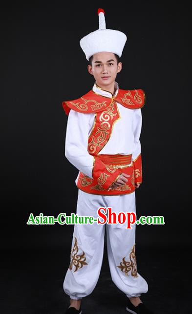 Chinese Traditional Ewenki Nationality Festival White Outfits Ethnic Minority Folk Dance Stage Show Costume for Men