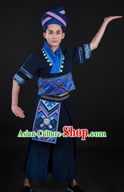 Chinese Traditional Zhuang Nationality Festival Navy Outfits Ethnic Minority Folk Dance Stage Show Costume for Men