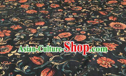 Asian Chinese Traditional Sunflowers Pattern Design Black Gambiered Guangdong Gauze Fabric Silk Material