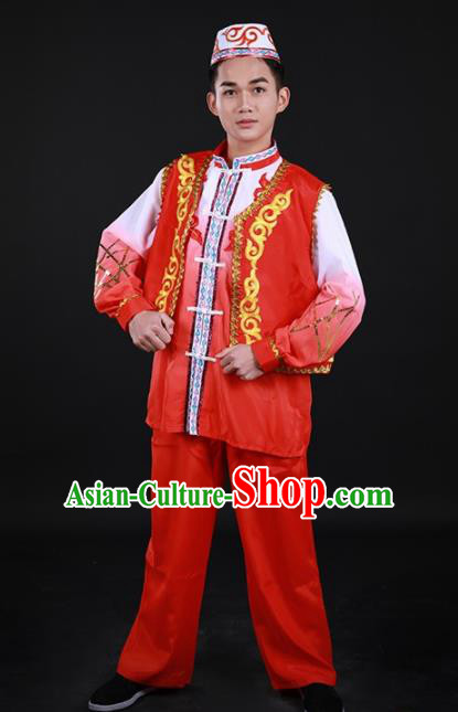 Chinese Traditional Hui Nationality Festival Red Outfits Ethnic Minority Folk Dance Stage Show Costume for Men