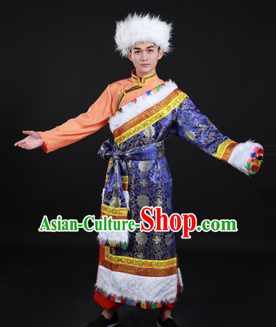 Chinese Traditional Zang Nationality Festival Royalblue Outfits Ethnic Minority Folk Dance Stage Show Costume for Men