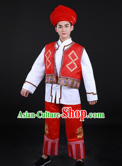 Chinese Traditional Li Nationality Festival Red Outfits Ethnic Minority Folk Dance Stage Show Costume for Men