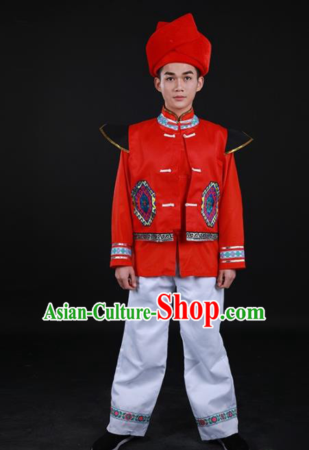 Chinese Traditional Buyei Nationality Festival Red Outfits Ethnic Minority Folk Dance Stage Show Costume for Men