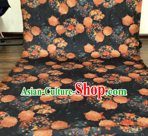 Asian Chinese Traditional Chrysanthemum Peony Pattern Design Navy Gambiered Guangdong Gauze Fabric Silk Material