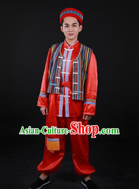 Chinese Traditional Nu Nationality Festival Red Outfits Ethnic Minority Folk Dance Stage Show Costume for Men