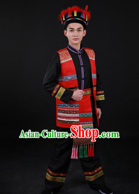 Chinese Traditional Yao Nationality Festival Black Outfits Ethnic Minority Folk Dance Stage Show Costume for Men