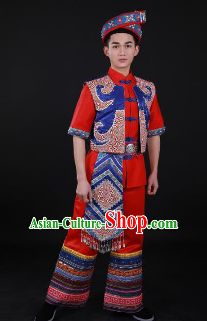 Chinese Traditional Zhuang Nationality Festival Red Outfits Ethnic Minority Folk Dance Stage Show Costume for Men