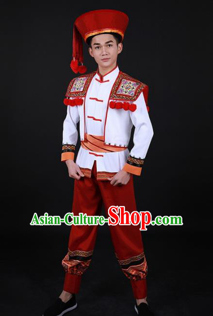 Chinese Traditional Yao Nationality Festival Red Outfits Ethnic Minority Folk Dance Stage Show Costume for Men