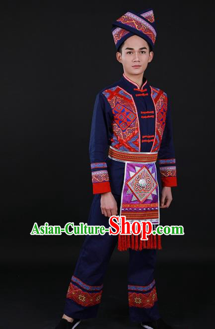 Chinese Traditional Zhuang Nationality Festival Navy Outfits Ethnic Minority Folk Dance Stage Show Costume for Men