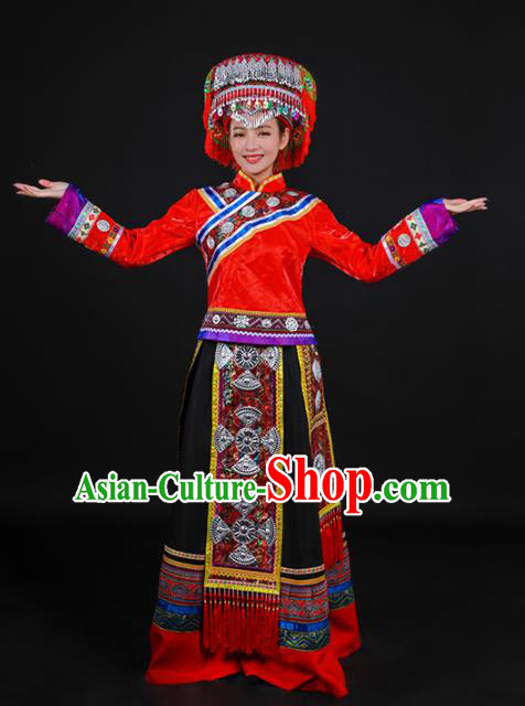 Chinese Traditional Achang Nationality Red Dress Ethnic Folk Dance Stage Show Costume for Women