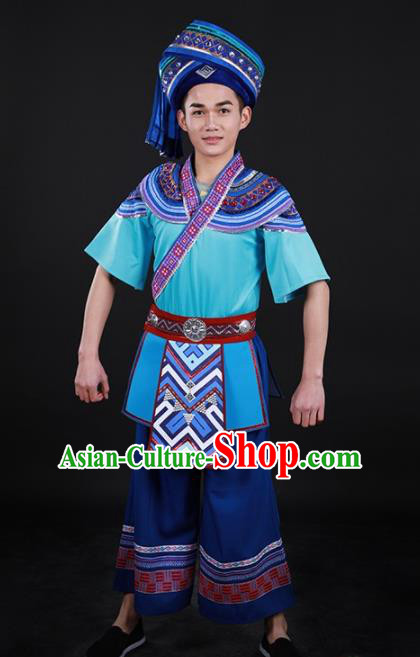 Chinese Traditional Yao Nationality Blue Outfits Ethnic Minority Folk Dance Stage Show Costume for Men