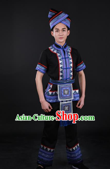 Chinese Traditional Zhuang Nationality Black Outfits Ethnic Minority Folk Dance Stage Show Costume for Men