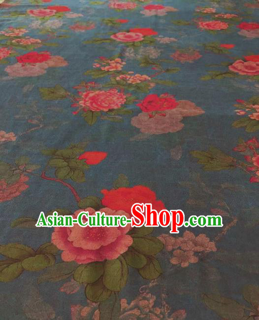 Asian Chinese Traditional Peony Pattern Design Peacock Blue Gambiered Guangdong Gauze Fabric Silk Material