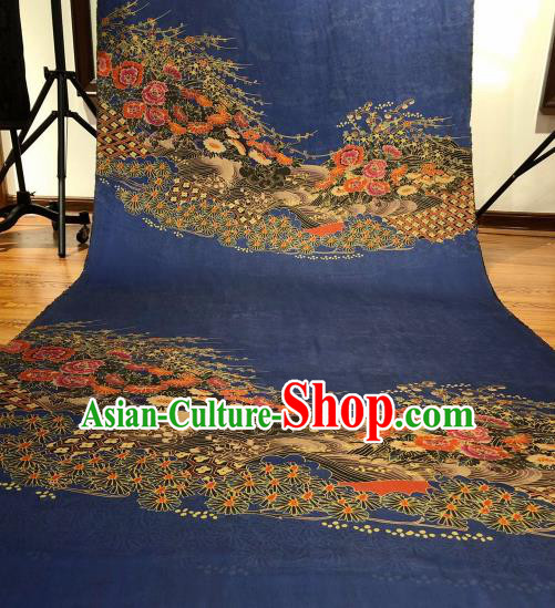 Asian Chinese Traditional Chrysanthemum Peony Pattern Design Navy Gambiered Guangdong Gauze Fabric Silk Material