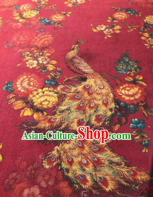 Asian Chinese Classical Peacock Peony Pattern Design Red Gambiered Guangdong Gauze Fabric Traditional Silk Material