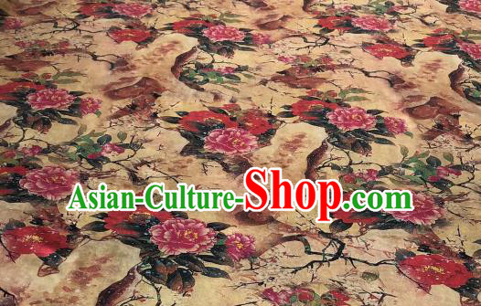 Asian Chinese Classical Peony Pattern Design Ginger Gambiered Guangdong Gauze Fabric Traditional Silk Material